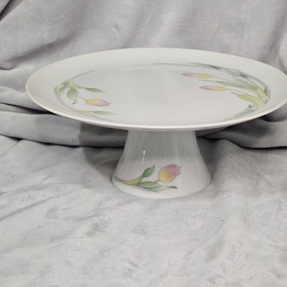 Westbury Toscany Collection Porcelain Pedestal Pink/Yellow Tulips Cake Plate - Picture 1 of 5